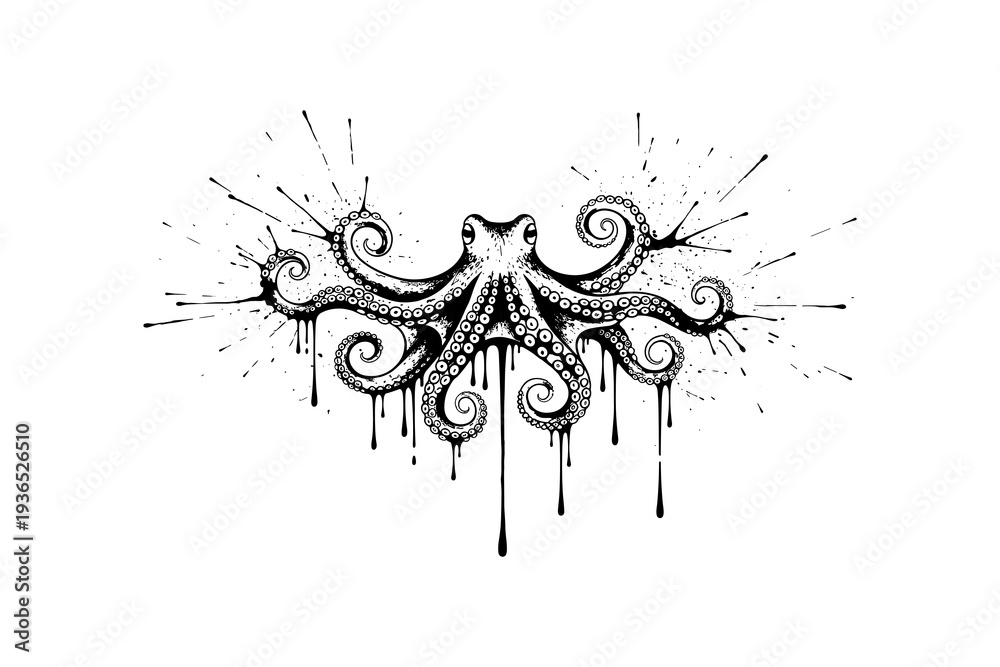 Obraz premium Artistic splatter octopus with dripping ink and detailed tentacles