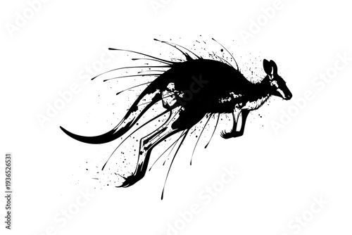 Dynamic ink splatter kangaroo silhouette art in black and white