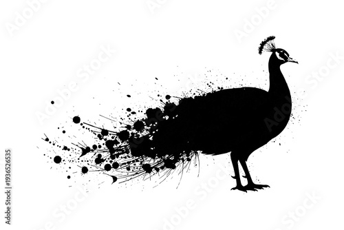 Artistic peacock silhouette with splatter effect in monochrome