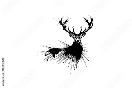 Ink splatter stag: artistic wildlife silhouette in black and white