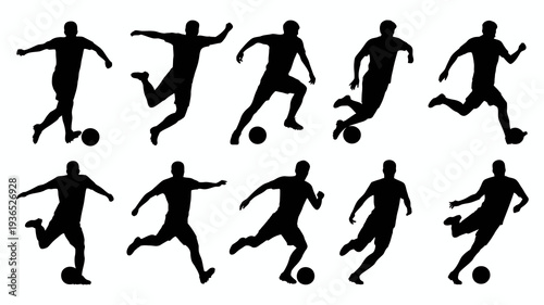 A collection of black silhouettes depicts various dynamic poses of soccer players in action showcasing movement and athleticism high quality professional detailed modern elegant stylish clean