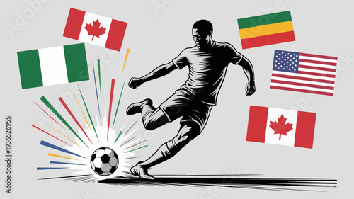 A dynamic illustration depicts a soccer player in action surrounded by flags representing canada italy ethiopia and the united states high quality professional detailed modern elegant