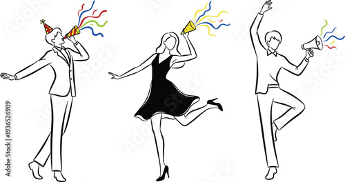 People celebrating with party horns and streamers on a white background celebration woman