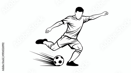 A dynamic black and white illustration depicts a soccer player in mid kick powerfully striking a ball with blurred motion lines high quality professional detailed modern