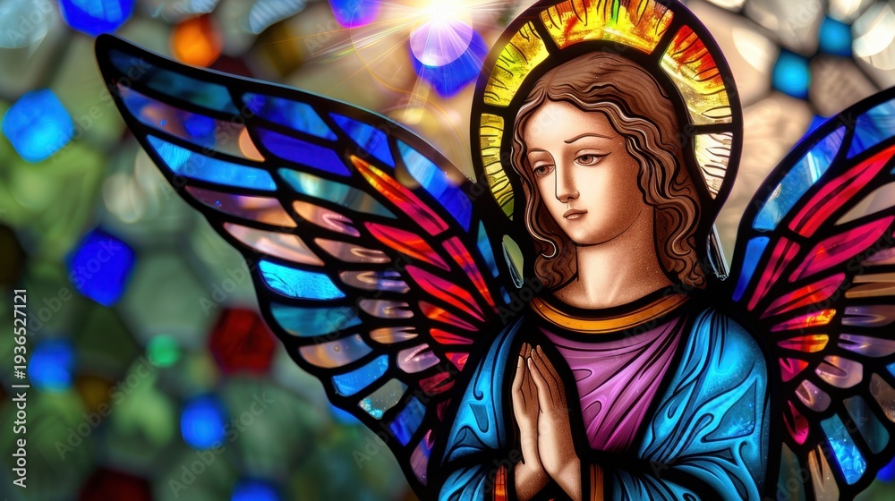 Obraz premium Serene Angelic Figure in Colorful Stained Glass Window with Bright Sunlight Streaming Through Design