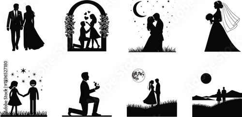 Romantic Wedding and Proposal Silhouettes in Diverse Settings and Styles couple love