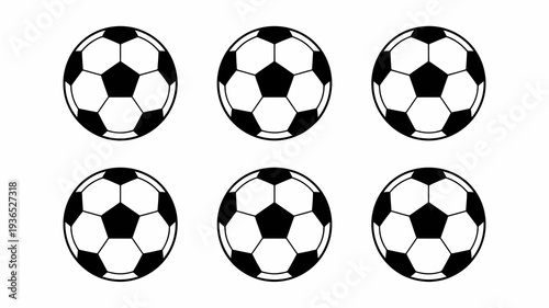 This image displays six black and white soccer balls arranged in a two by three grid on a plain white background high quality professional detailed modern