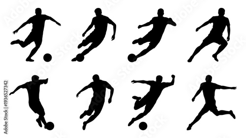 A collection of black silhouettes depicts dynamic soccer players in various action poses including kicking running and jumping with a ball high quality professional detailed modern