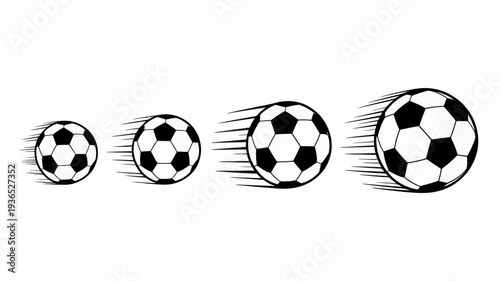 A series of four black and white soccer balls are shown in motion each with speed lines trailing behind creating a dynamic visual high quality professional