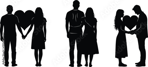 Silhouette Couples Holding Hands and Hearts Romantic Love Symbols romance