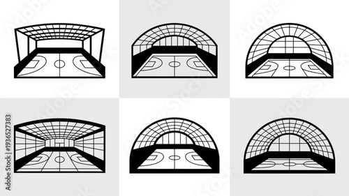 A series of six black and white line drawings depict progressively revealing views of a stadium s interior structure and seating arrangements high quality professional detailed