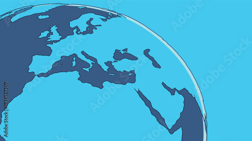 The image shows a world map with Europe and parts of Asia. Blue fills the background. It is a simple design.
