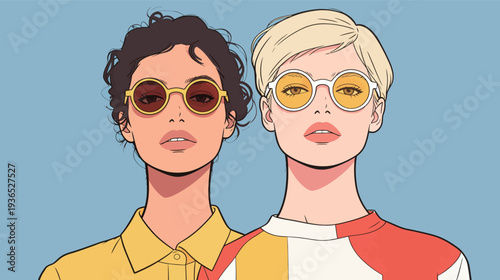 Two women stand close together wearing different styles of glasses. One wears a yellow shirt and the other wears a colorful top.