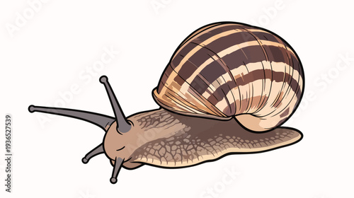 A snail glides along a flat surface with its shell prominently shown. The scene captures the creature's path and movement clearly.