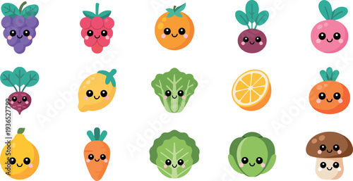 Hand-drawn kawaii fruits and vegetables collection featuring cheerful cartoon organic produce icons in smooth line art style