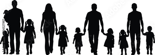 Silhouettes of Families Walking Together Holding Hands with Children family parents