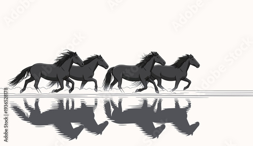 Four black horses can be seen running on a water surface. Their reflections appear in the water as they move forward in the scene.