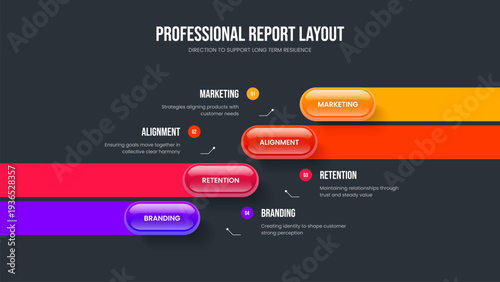 Market Introduction 4 Step Diagram Slide Template. Digital Insight Slideshow Layout Vector Illustration. Project Solution Four Element Infographic Presentation Design.