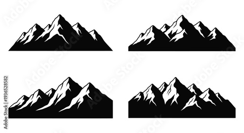 Four black mountain range designs presented as a striking silhouette