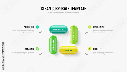 Professional Performance Presentation Design Vector Illustration. Digital Strategy Four Element Diagram Slideshow Layout. Market Review 4 Option Infographic Frame Template.