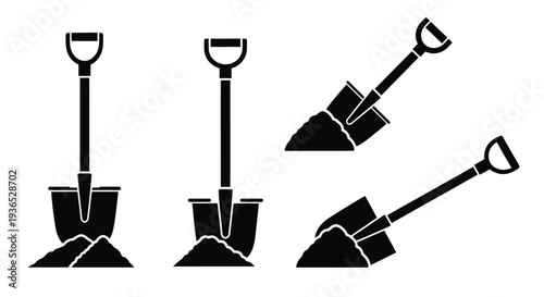 Four black silhouettes of shovels digging into mounds of earth