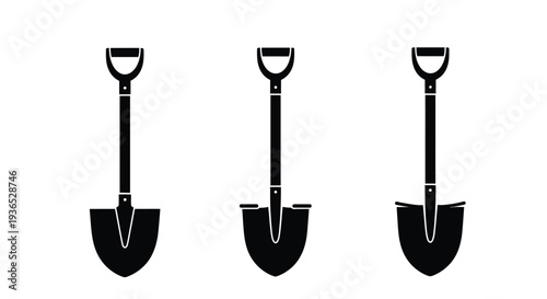 Three black garden shovels shown in a striking silhouette