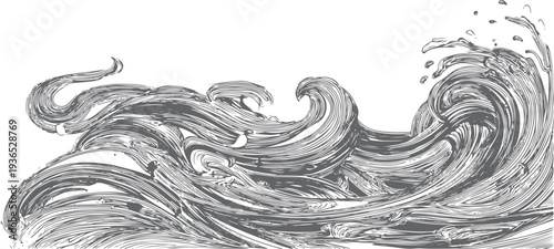 Dynamic grey waves crashing with white foam splashes