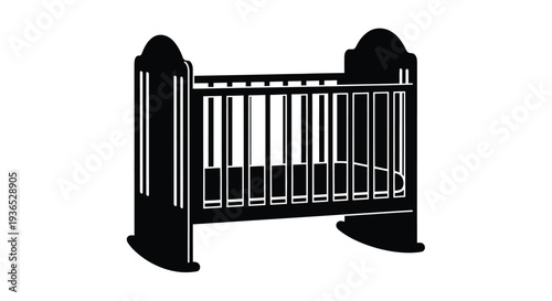 Black silhouette of a classic baby crib against a white background silhouette