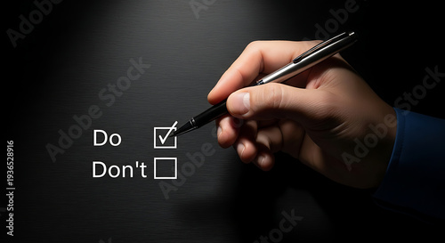 A hand holding a pen checking a box next to 'Do' on a dark background