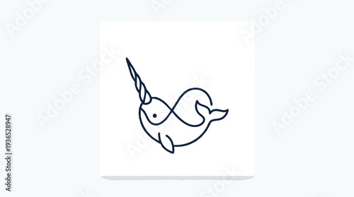Minimalist single line drawing of a narwhal with a unicorn horn, forming an infinity symbol