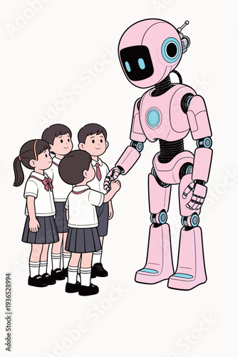 A group of schoolchildren interacts with a pink robot. The robot greets them as part of a technology event in the classroom.