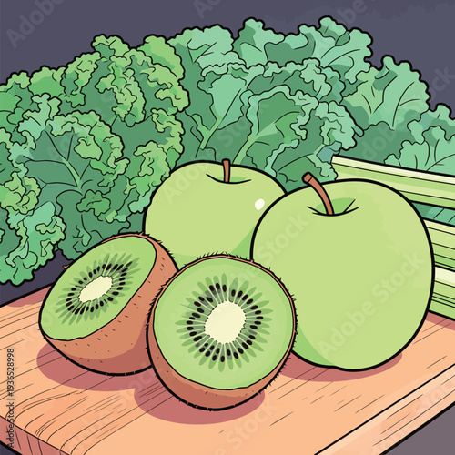 Fresh green apples, kiwi, and celery are placed on a wooden cutting board with leafy greens behind. This scene shows healthy food.