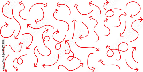 Arrows set, Red directed down up right and turn wavy pointers signs on white background. Collection of curved thin lines vector hand drawn arrows.