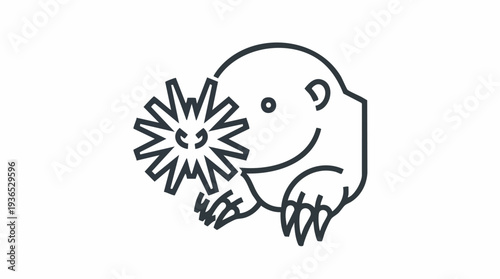Cute cartoon mole holding a spiky plant or root icon. Minimalist line art illustration of a happy animal character for nature, gardening, or environmental concepts.