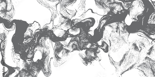 Abstract swirling grey ink lines on white background