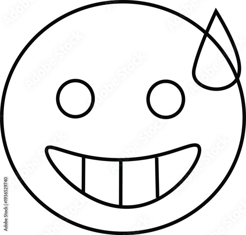 Minimalist Grinning Face with Sweat Emoji Icon, Linear Vector Illustration of Nervous Smile Expression Symbol Isolated on White Background