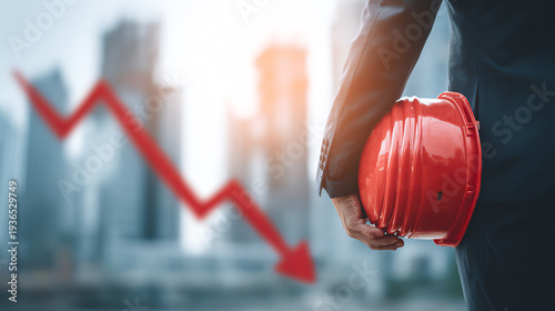 A businessman holding a hard hat stands in front of a city skyline with a declining graph, symbolizing challenges.