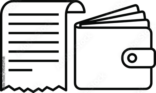 Receipt and wallet line icon illustration, expense payment document and money holder symbol for finance, accounting and shopping app interface design