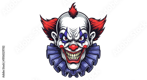 Scary Clown Face with Evil Grin and Red Hair - Horror Character Illustration
