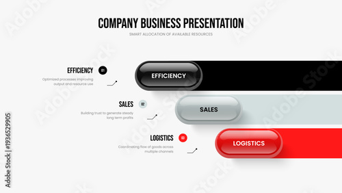 Professional Review Slideshow Layout Vector Illustration. Digital Growth Three Element Infographic Slide Template. Market Launch 3 Option Diagram Presentation Design.
