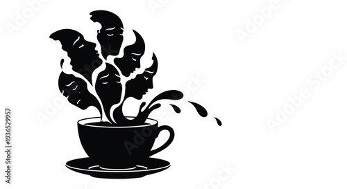 Abstract representation of multiple faces emerging from a coffee cup, symbolizing thoughts and emotions.
