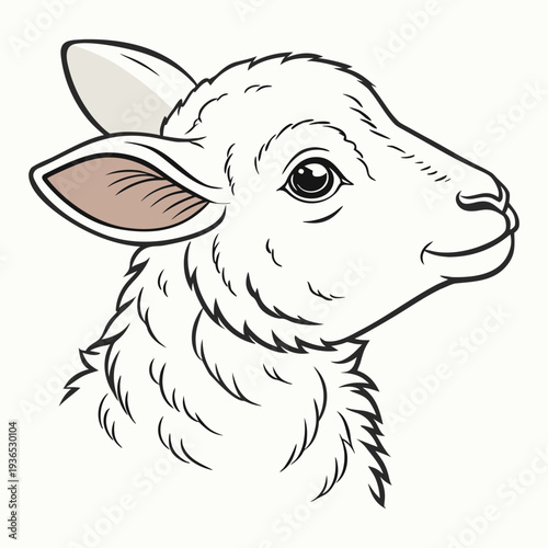 A detailed illustration of a lamb head with soft curly wool, gentle eyes, and small ears. The design highlights the lamb’s calm, innocent expression, symbolizing purity and peaceful rural life. 🐑
