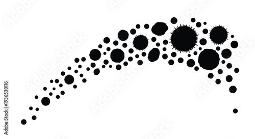 Abstract pattern of black dots and circles forming a dynamic arch