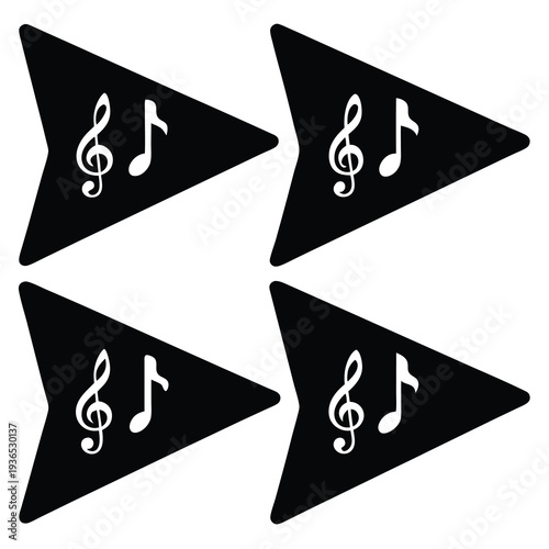 Four black triangular music note icons on with treble clef symbol