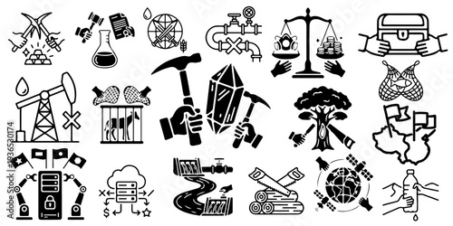 Set of global resources and industrial economy icons, including mining, oil production, renewable energy, world trade, data servers, and geopolitics symbols isolated