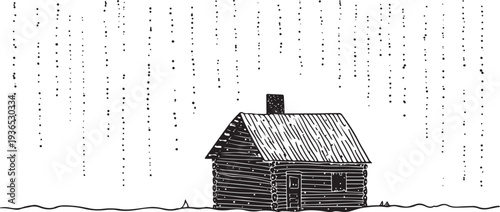 Black and white log cabin with falling dots house building