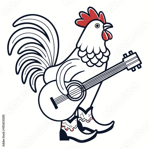 A cartoon rooster wearing sunglasses and playing an electric guitar