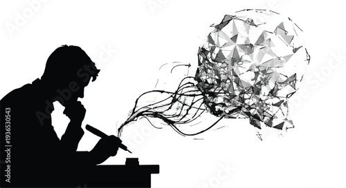 Creative mind sketching complex ideas, abstract thought visualization in black and white