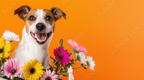 Wallpaper Mural Happy dog surrounded by vibrant flowers against a bright orange background, showcasing joy and nature’s beauty Torontodigital.ca