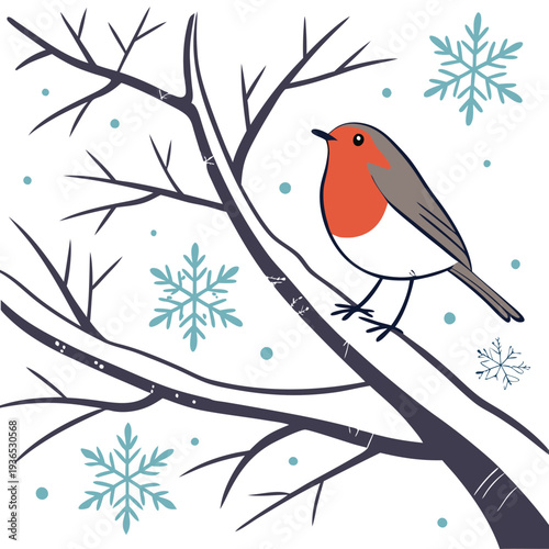 A vibrant redbreasted robin perched on a snowcovered tree branch surrounded by snowflakes